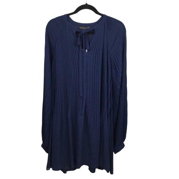 Endless Rose Pleated Preacher Long Sleeve Tie Keyhole Navy Shift Dress Women's L - Picture 1 of 13